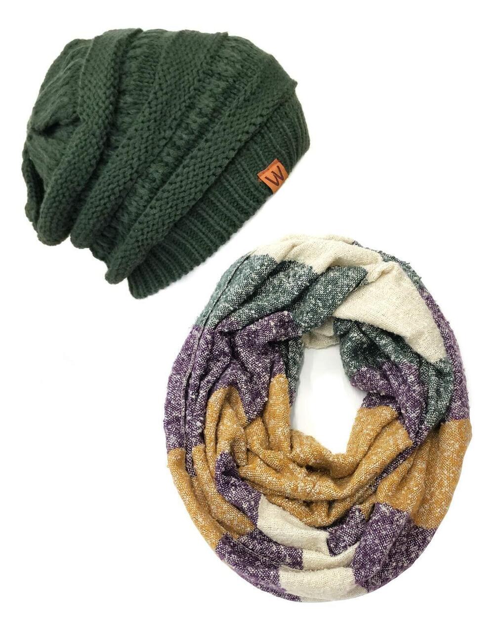 5694 Tricolor Winter Knit Infinity Scarf with Beanie, HGGM + Forest Green